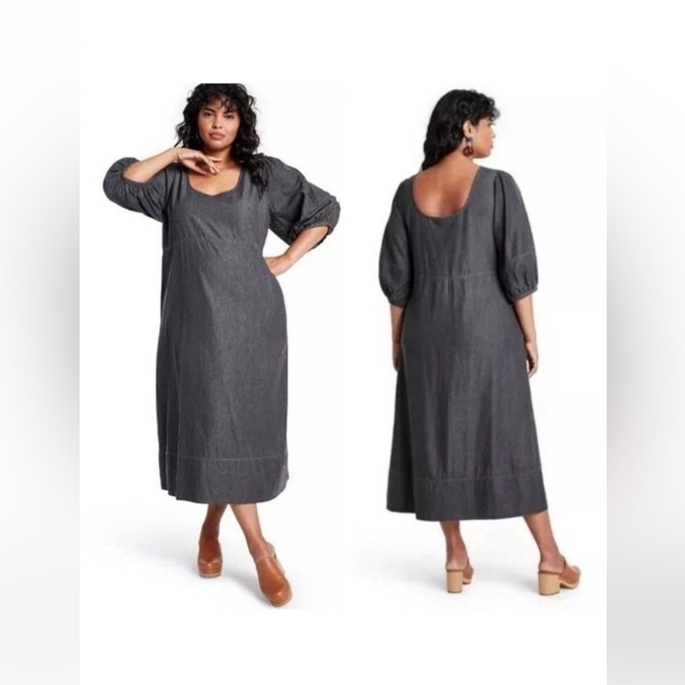 28/30 Rachel Comey x Target Chambray Puff-Sleeve Midi Dress